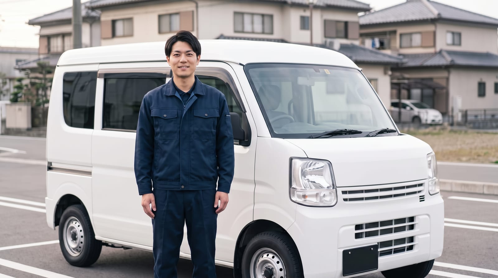 軽貨物バンの前に立つ個人ドライバー
